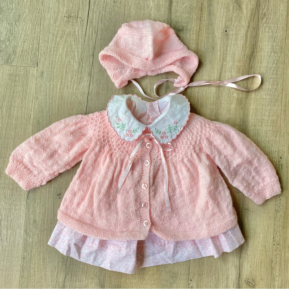 Vintage Knit Cardigan, Floral Embroidered Top, & Bonnet SZ Unknown (Guess 9-12M)